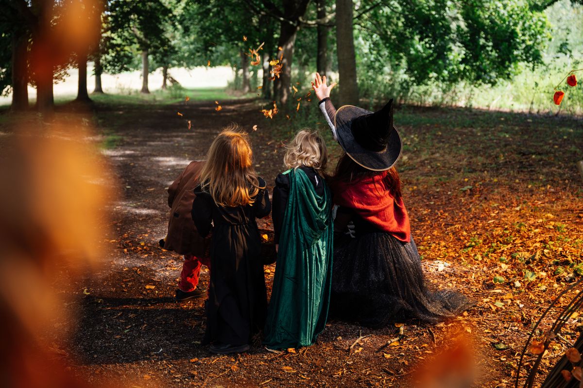 A woman and 3 children dressed up throwing leaves in the air