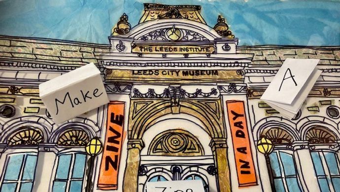 Colourful drawing of Leeds City Museum, with the words 'Make A Zine' overtop on paper