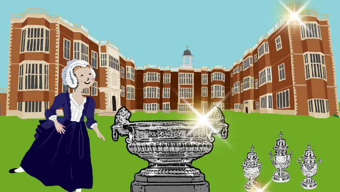 An illustration of Temple Newsam House with a servant and large silverware sparkling