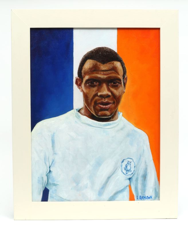 A portrait of Albert Johanneson with a blue, white and orange striped background behind