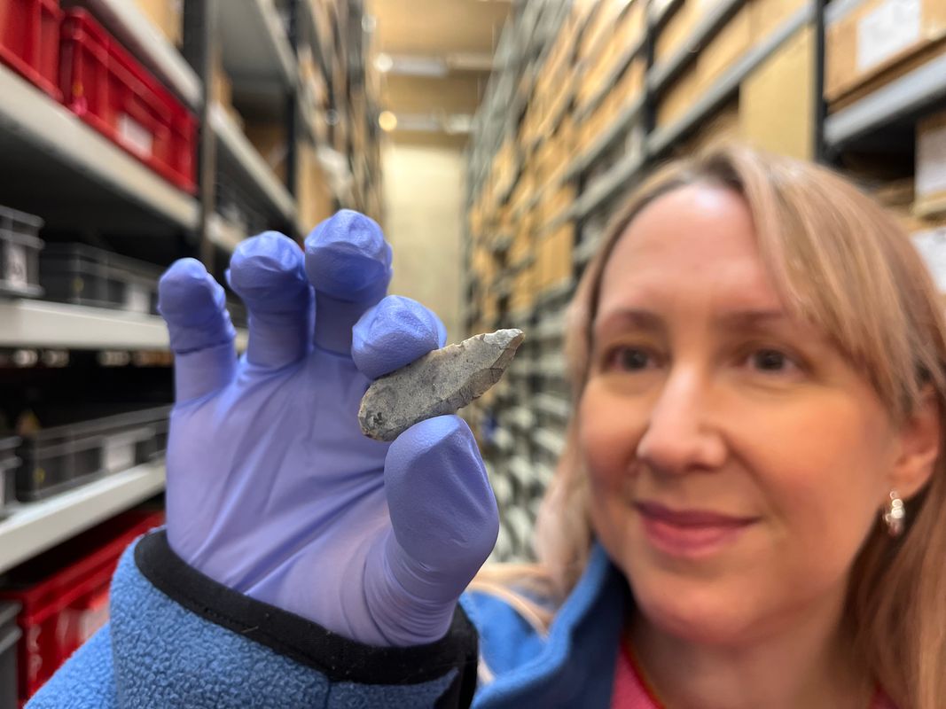 Among the oldest discoveries they made was an Early Neolithic, leaf-shaped arrowhead. Kat Baxter, Leeds Museums and Galleries' curator of archaeology is shown here with the find.