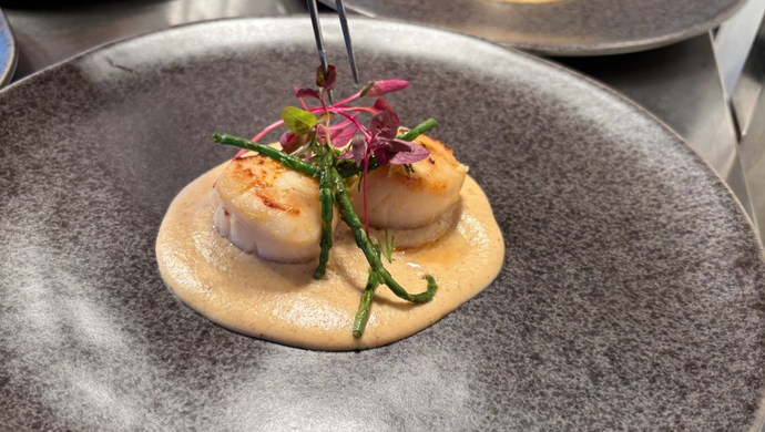 A grey plate with fine dining food