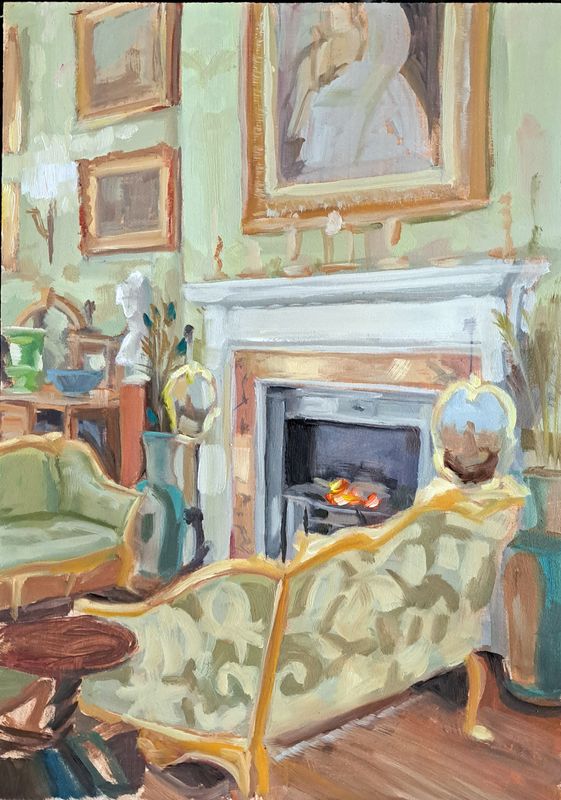 A gouache painting of the interior of Lotherton Hall, with an ornate sofa, fire place and painting