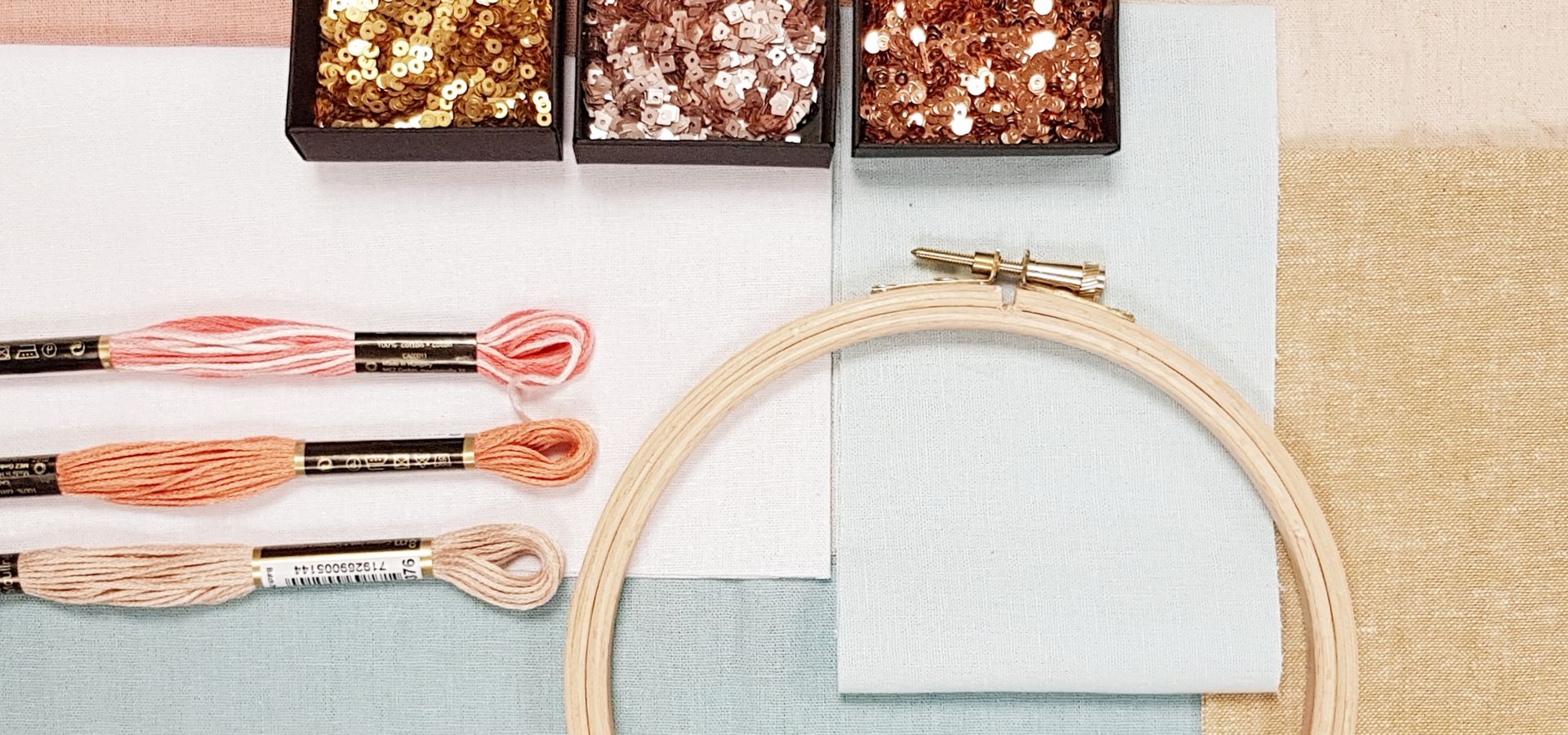 A hand-stitch frame with 3 pieces of coloured thread and packets of sequins on patchwork fabric