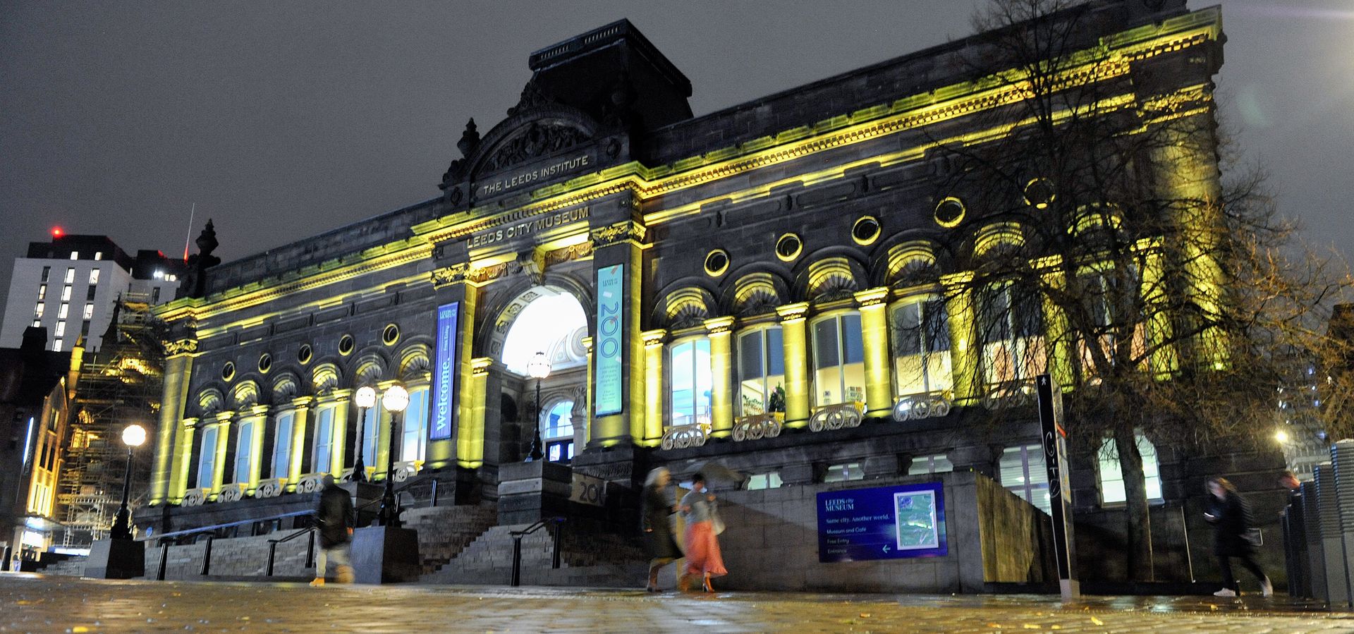 Leeds City Museum facarde light up on a dark evening