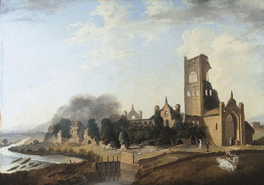 A painting of Kirkstall Abbey, with a river on the left and the abbey on the right