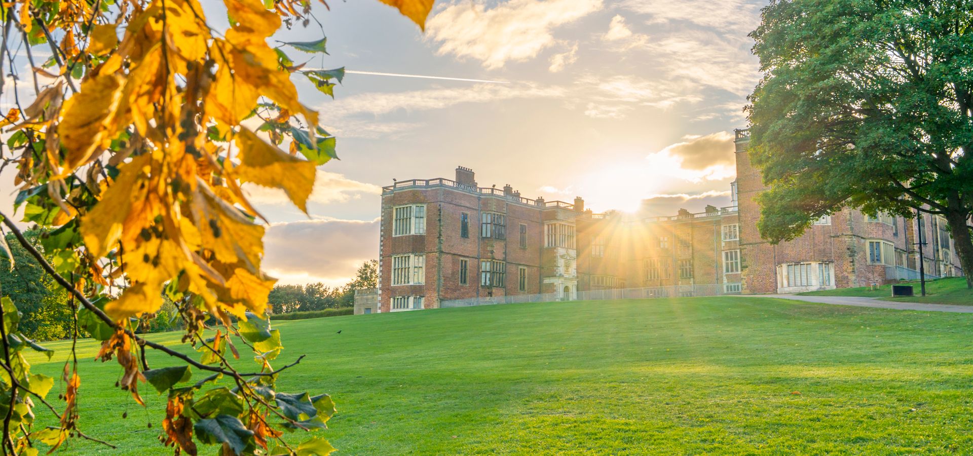 a branch with brown leaves in front of Temple Newsam house