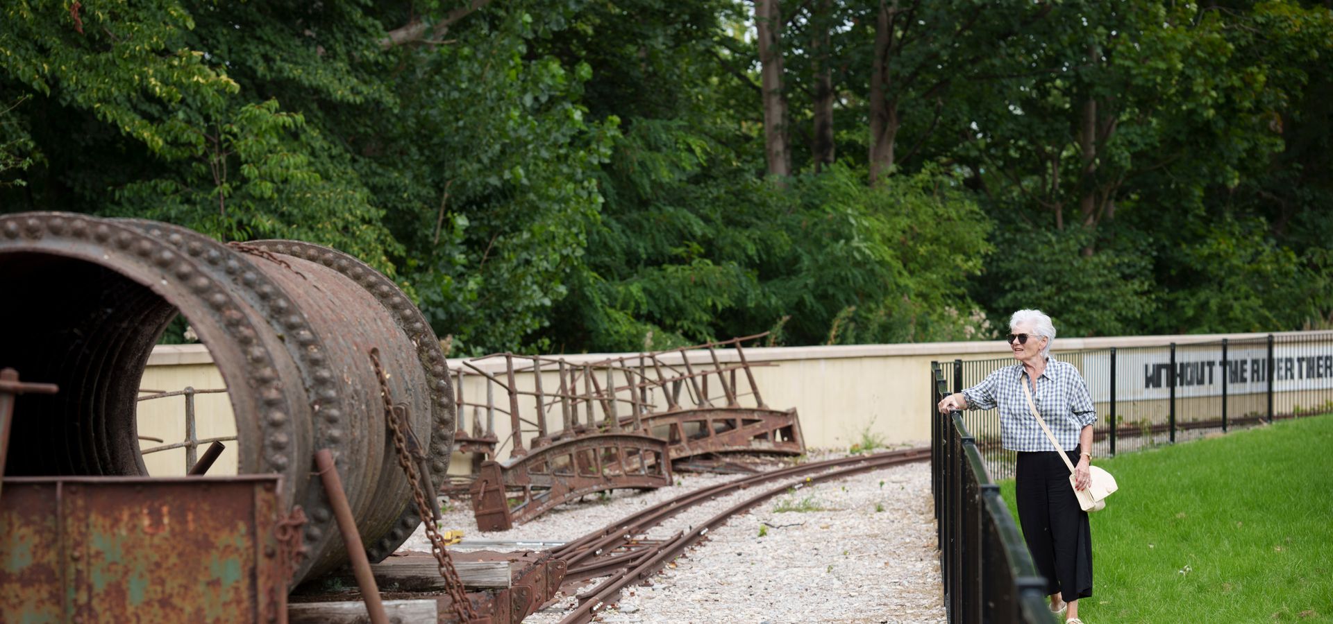 A woman stood on grass looking over a fence looking industrial machinery on train tracks