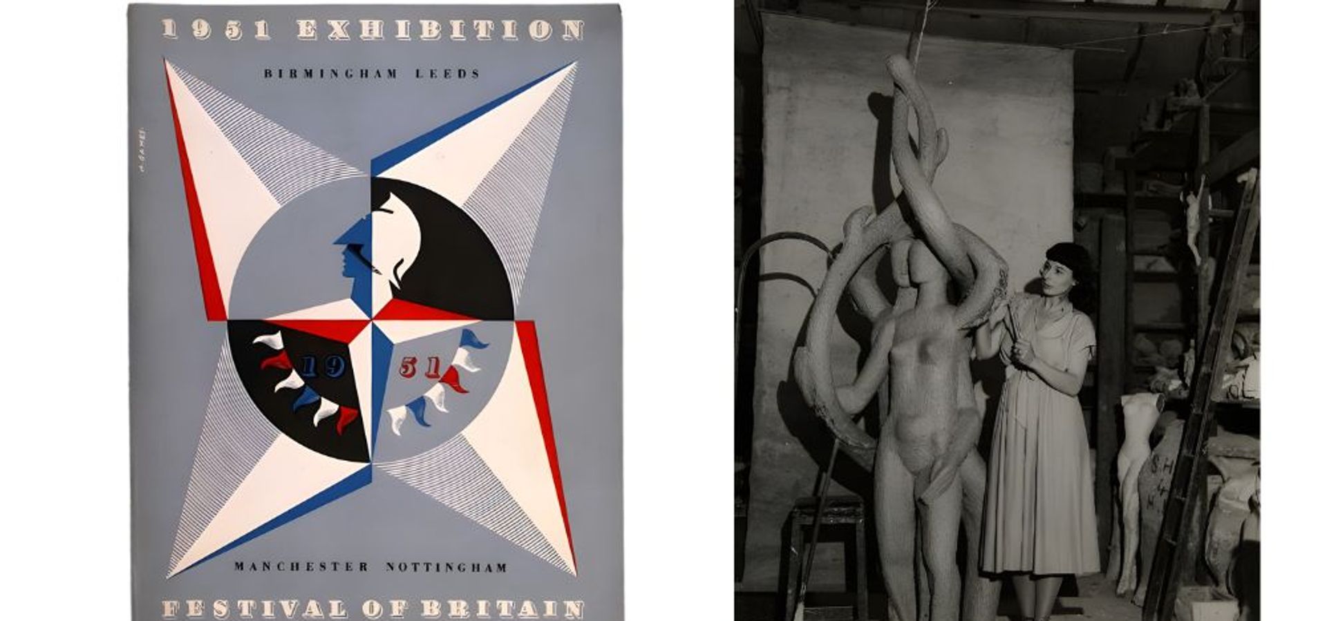 a black and white image of a woman with a sculpture and a book of the 1951 exhibition - festival of britain