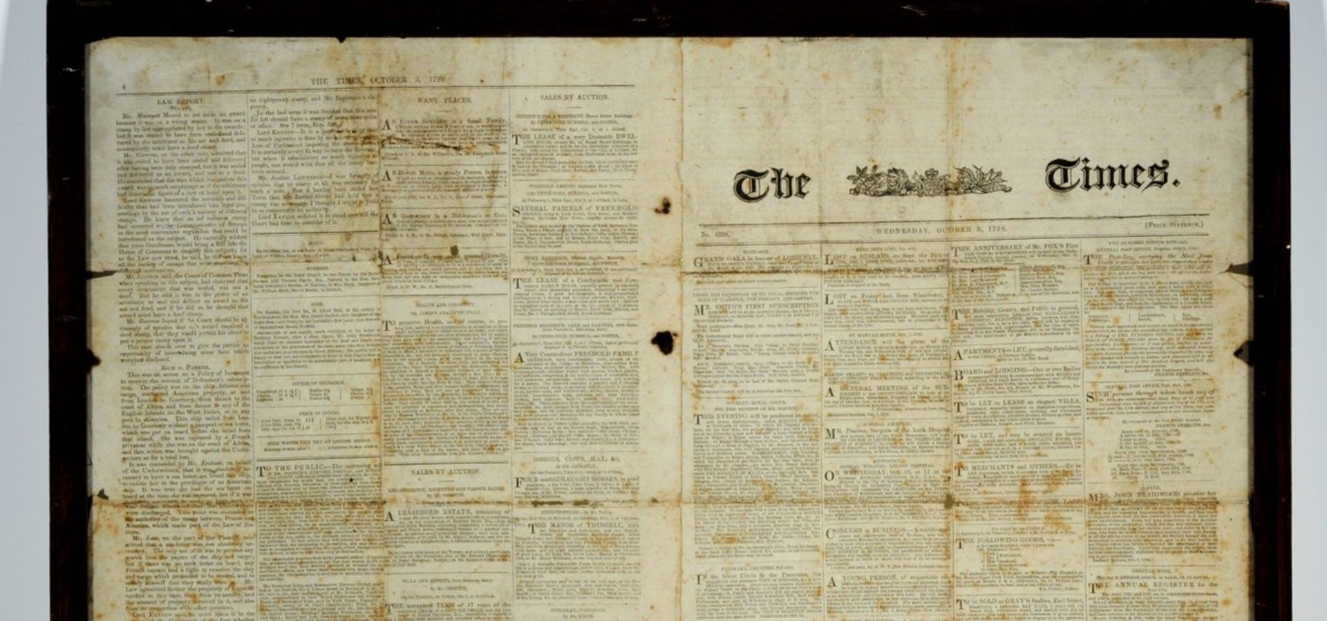 framed and glazed pages from "The Times”, Wednesday October 3rd, 1798
