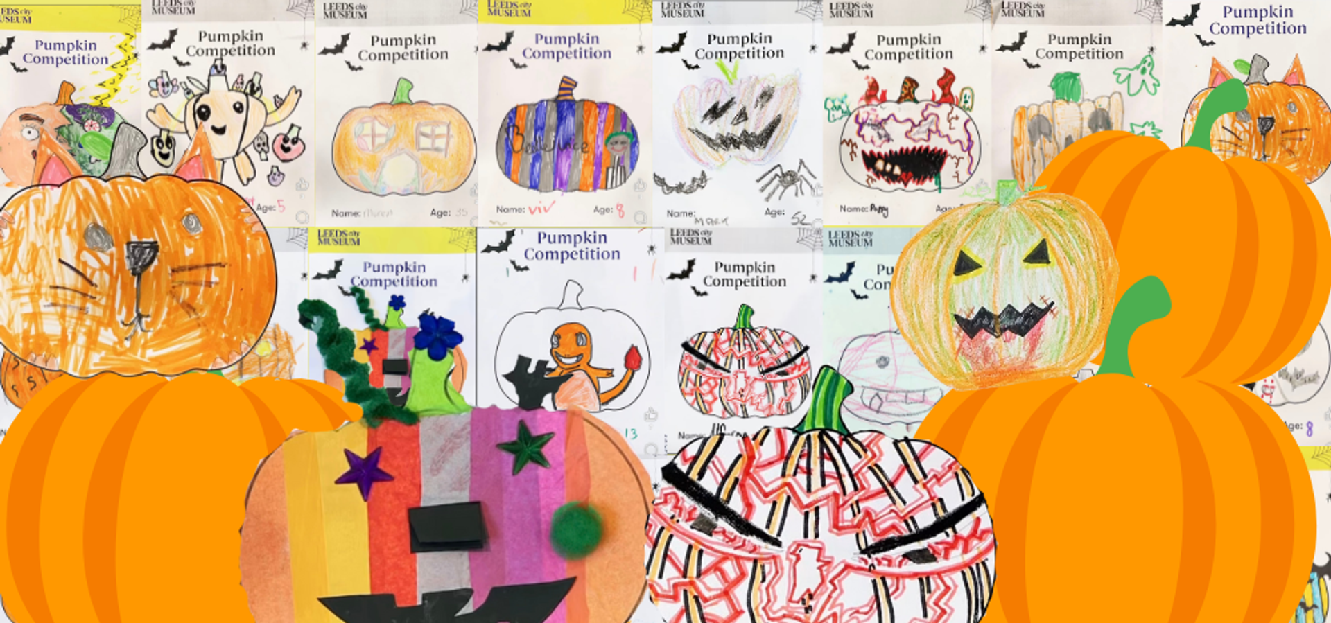 illustrated pumpkins on top of compeition entries of drawn pumpkins