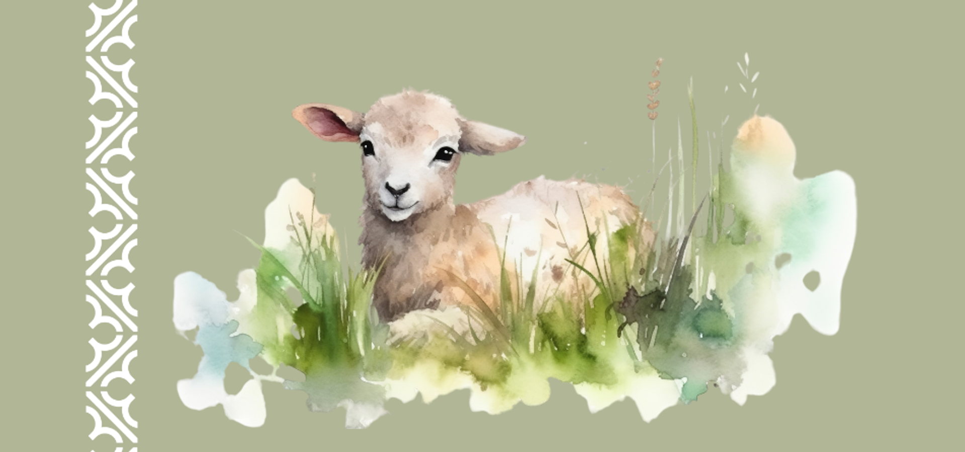 an illustration of a sheep with grass and clouds shapes around on a khaki background