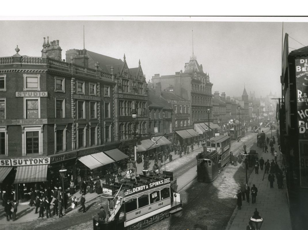 A street view of Leeds with electric trams