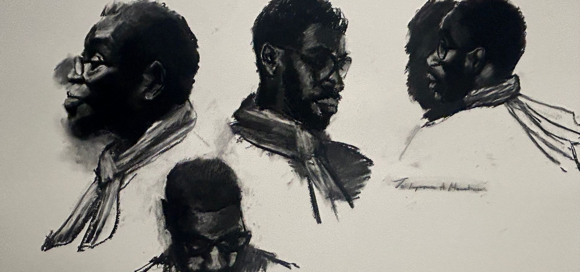 A figurative charcoal image of various portraits