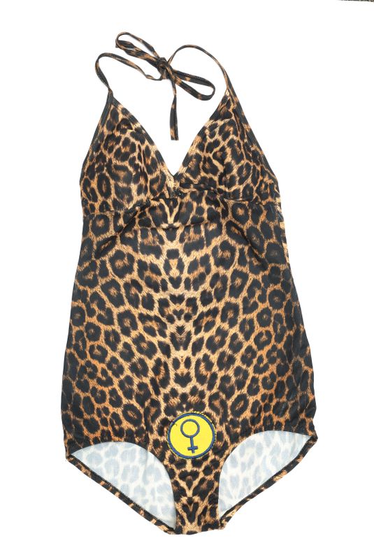 A leopard print leotard with a female gender symbol in the centre near the bottom