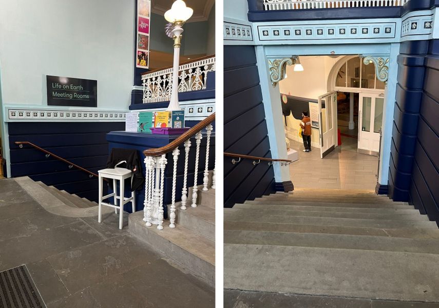 A double image of locations in Leeds City Museums: on the left is the view of the ground floor stairs from the museum entrance and on the right is the view of the stairs from the top.