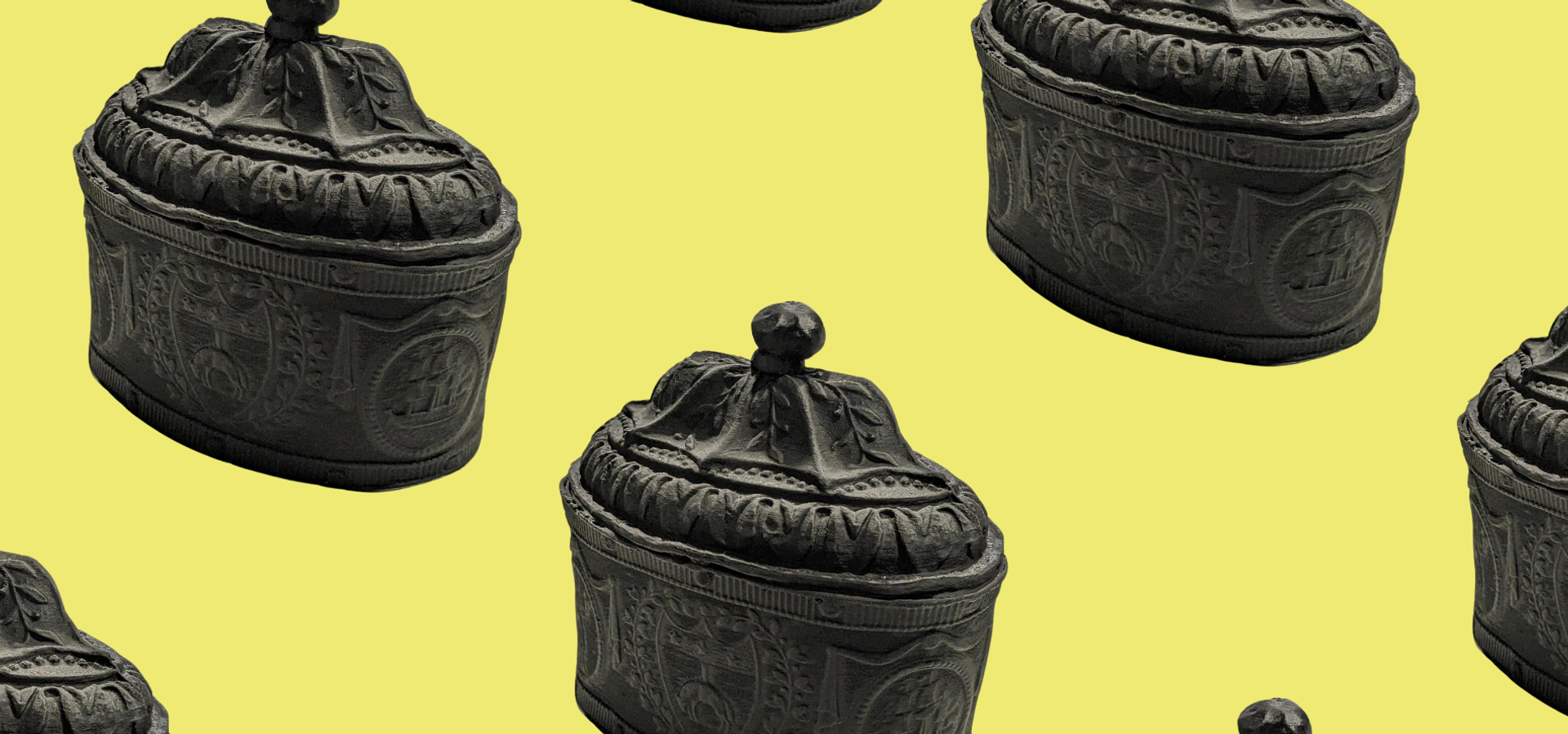 A series of objects displayed in a repeating pattern on a yellow background