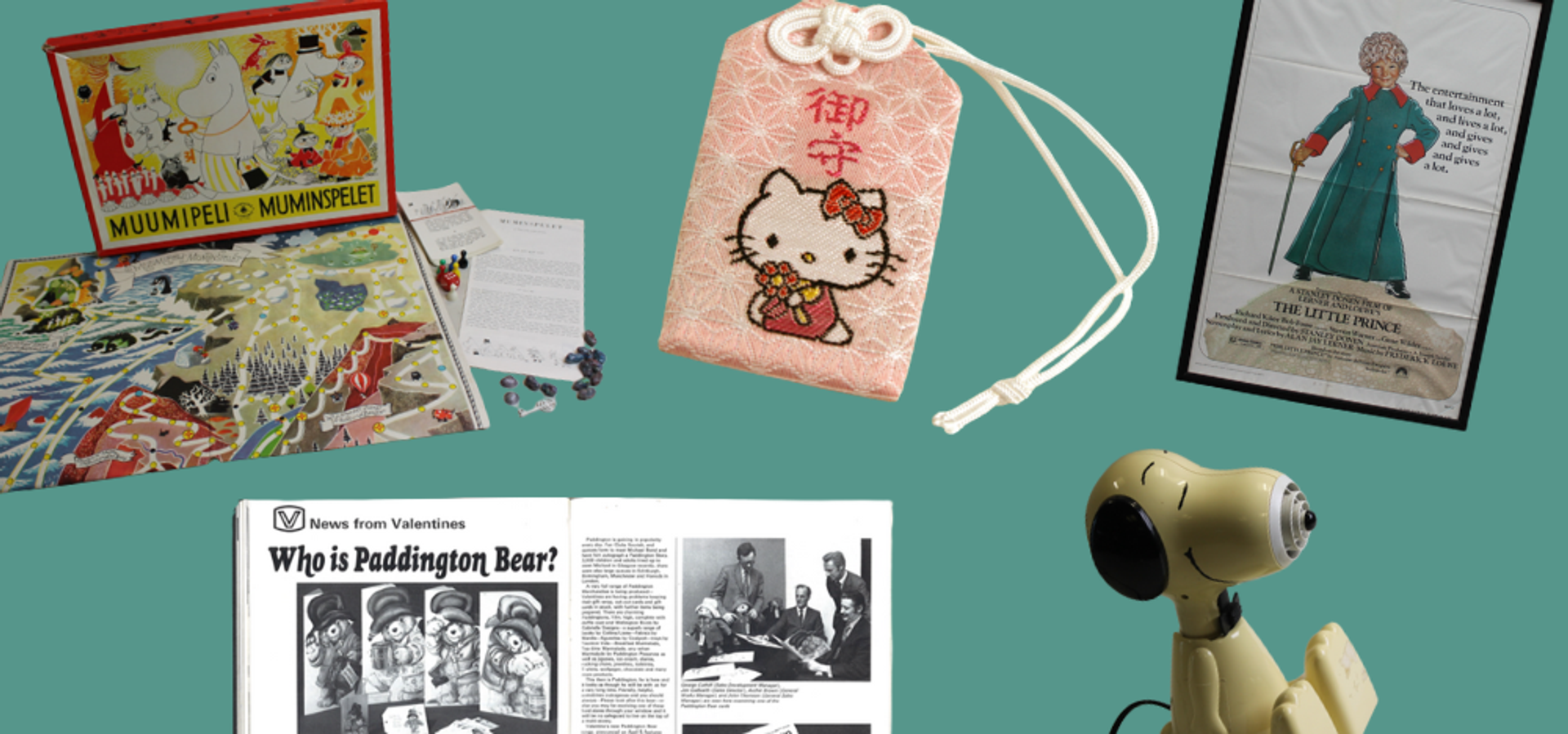 A complication of a snoopy hairdryer, hello kitty bag, moomins games, little prince poster and paddington bear
