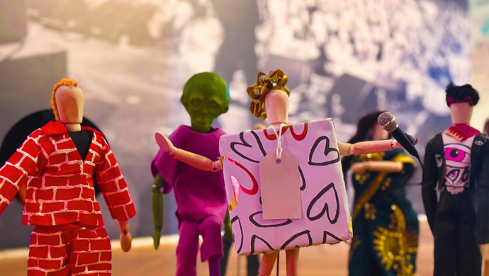 Mini mannequins with hand-made famous musician costumes on