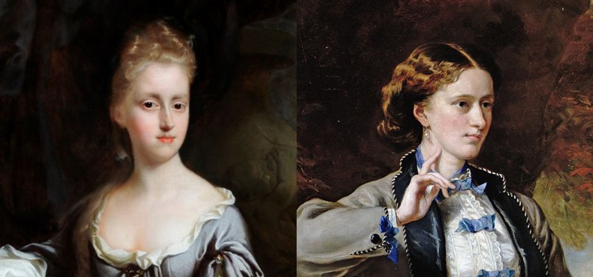 Two oil paintings of Isabella Viscountess Dowager Irwin (left) and Emily Meynell-Ingram (right)