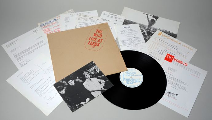 A vinyl record, sleeve and documents from The Who - Live at Leeds recording