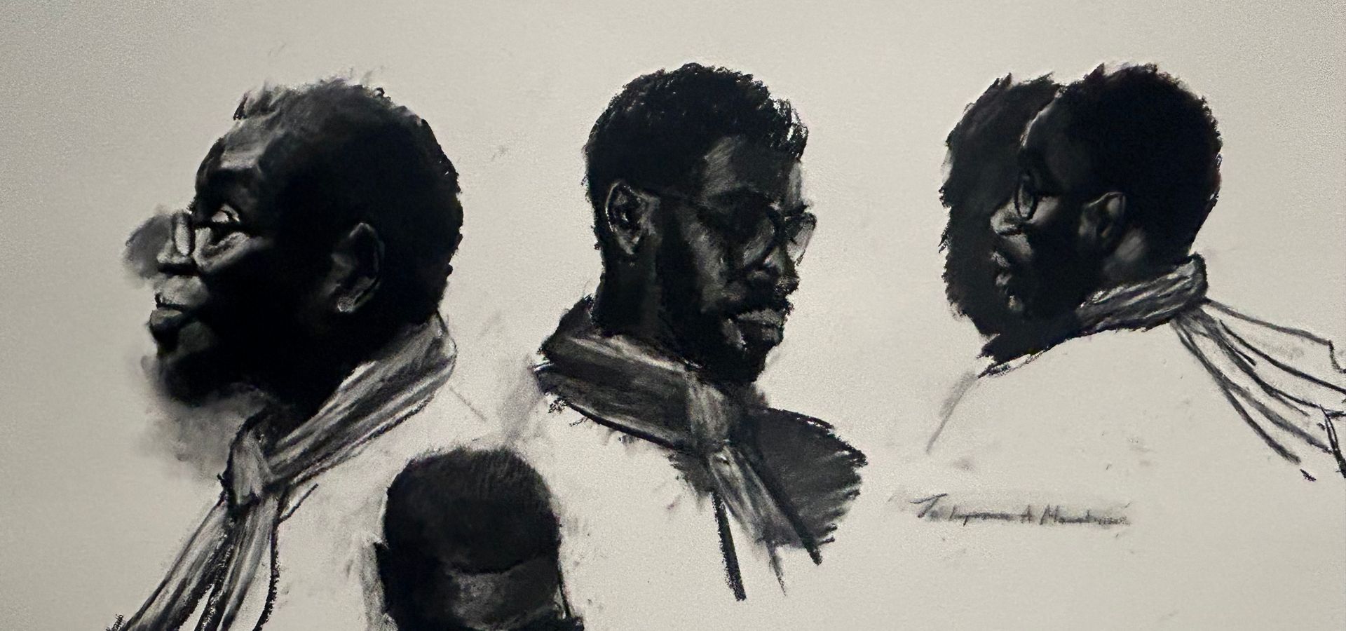 A figurative charcoal image of various portraits