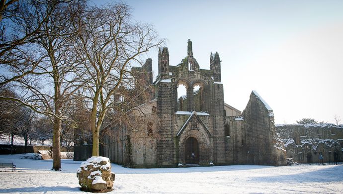 Kirkstall Abbey ruins in the snow