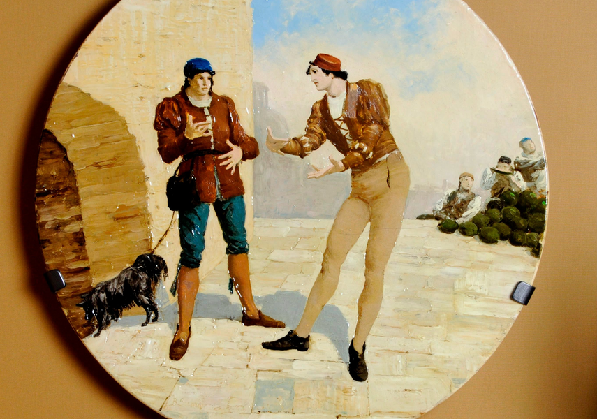 A painted cermaic plaque from 1880 with 2 people on