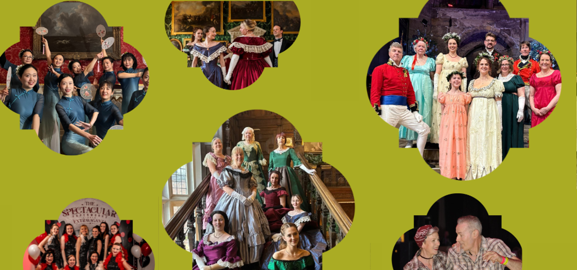 A collage of images of historic and modern dancers in costume