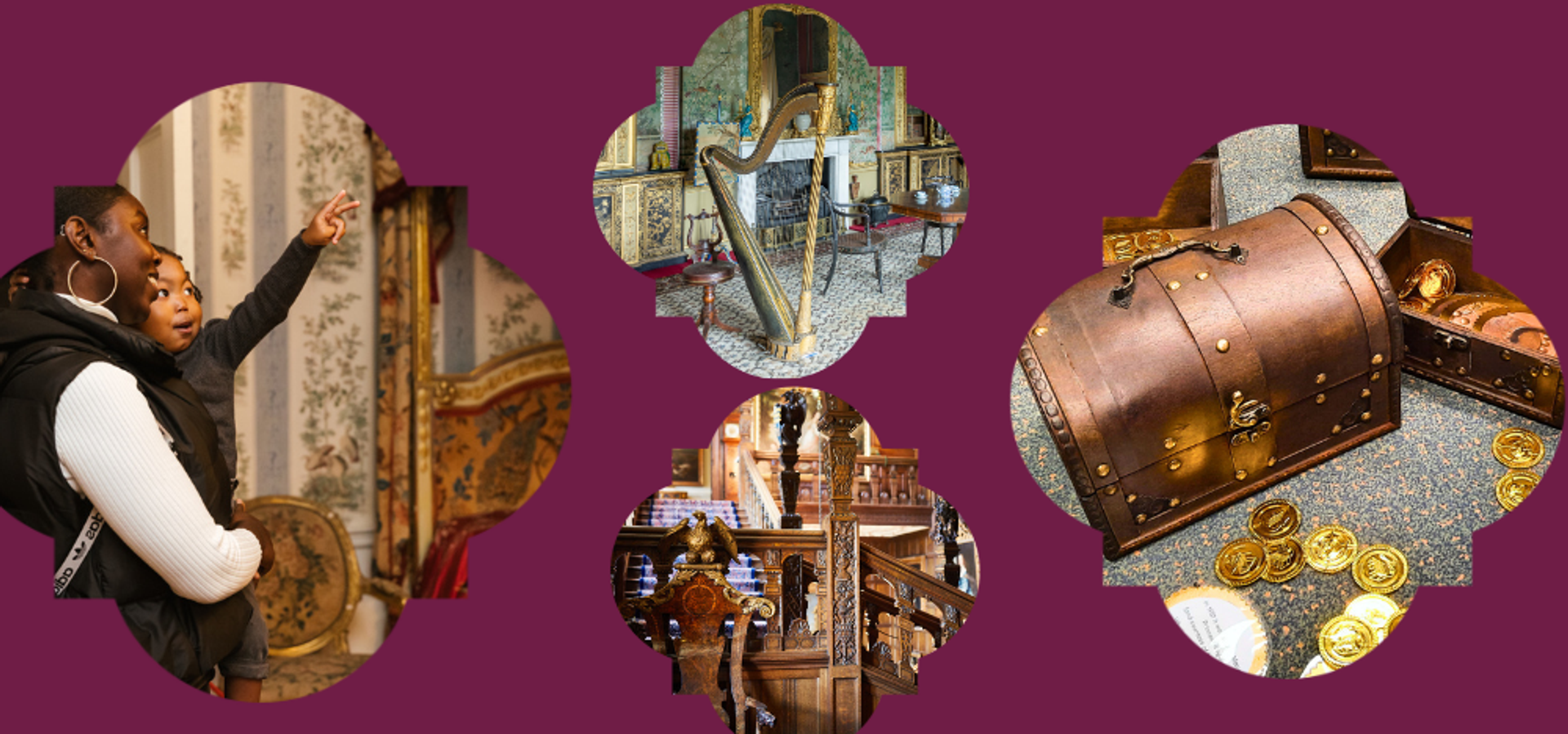 an image of a chest and coins, with an image of an adult holding a toddler and pointing