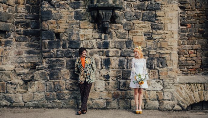 A wedding couple at Kirkstall Abbey