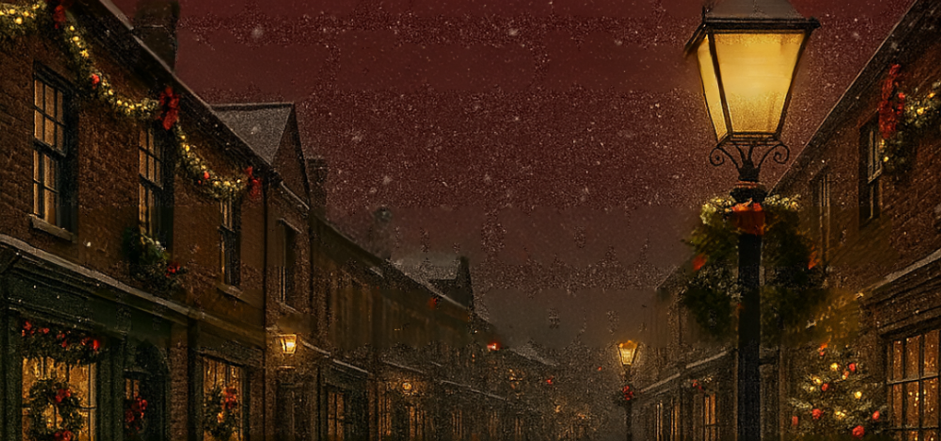 An illustration of a victorian street with a dark red sky