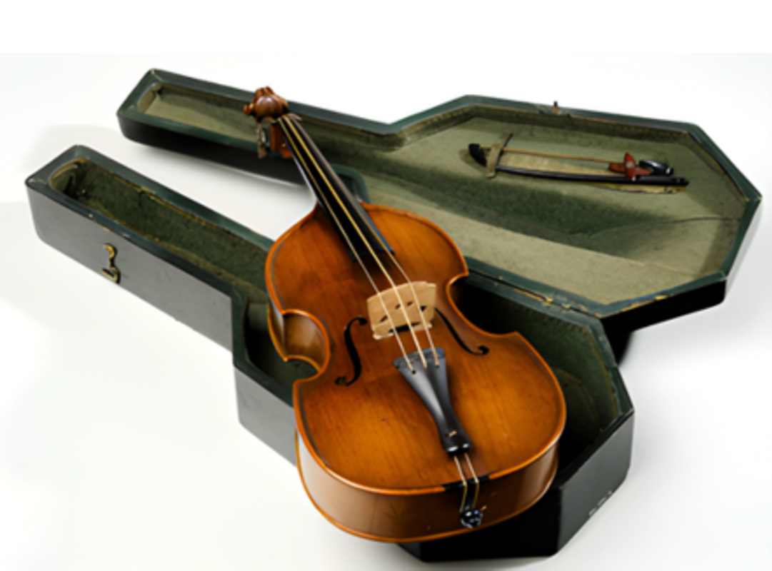 Scale model of a Double Bass exhibited by Dearlove at the Great Exhibition. Currently on display in Leeds City Museum. 