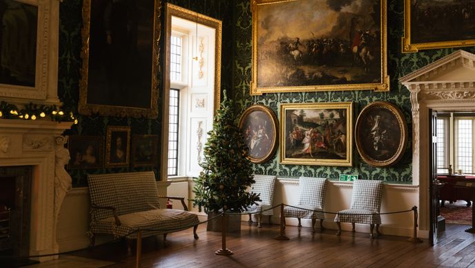 The Picture Gallery of Temple Newsam dressed with festive decorations.