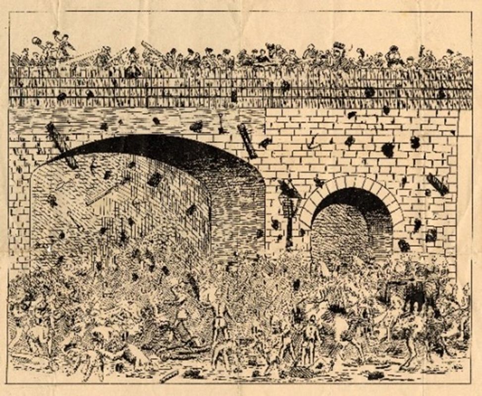 An illustration of riots in Leeds in 1890 on a bridge and underneath