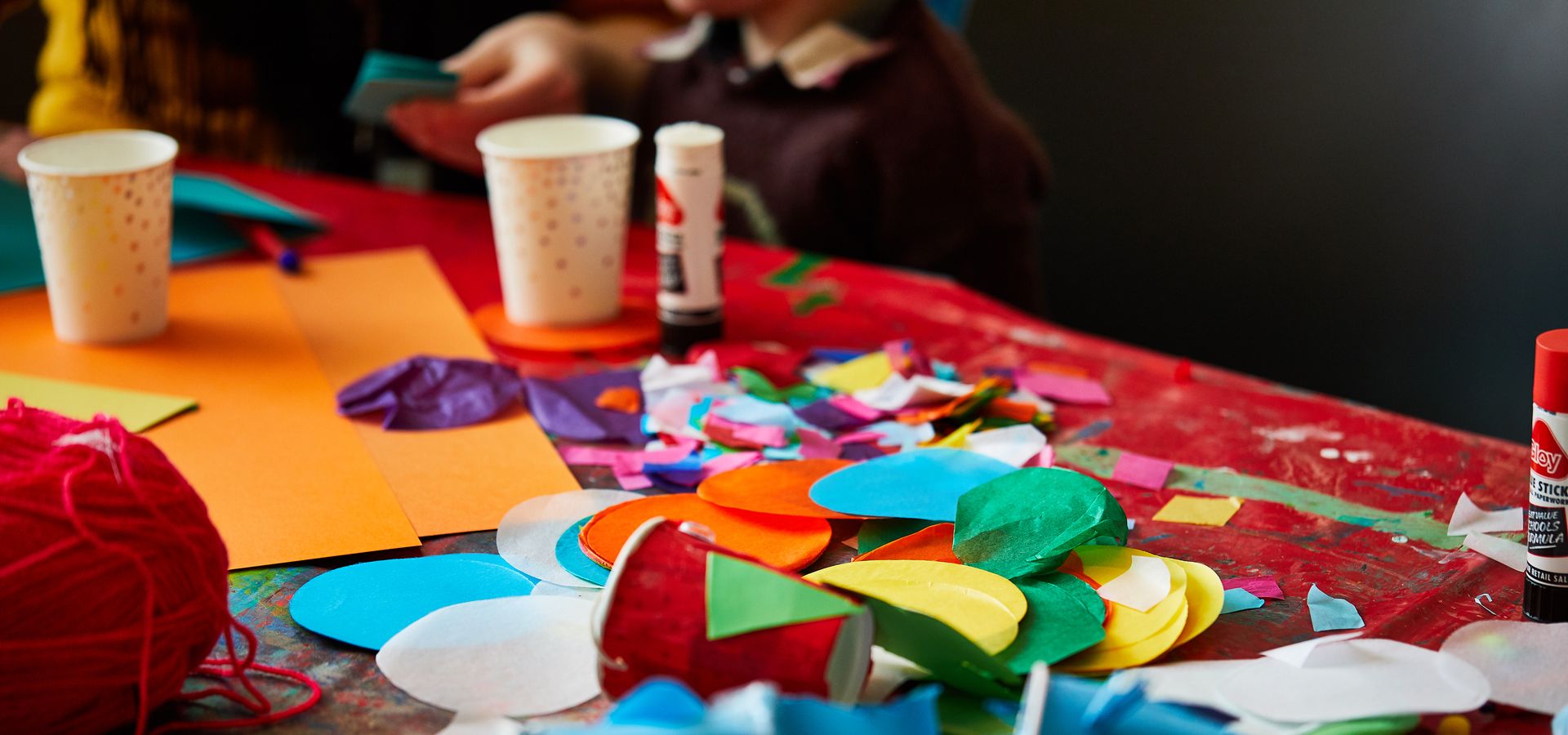 Childrens' arts and crafts materials on a table