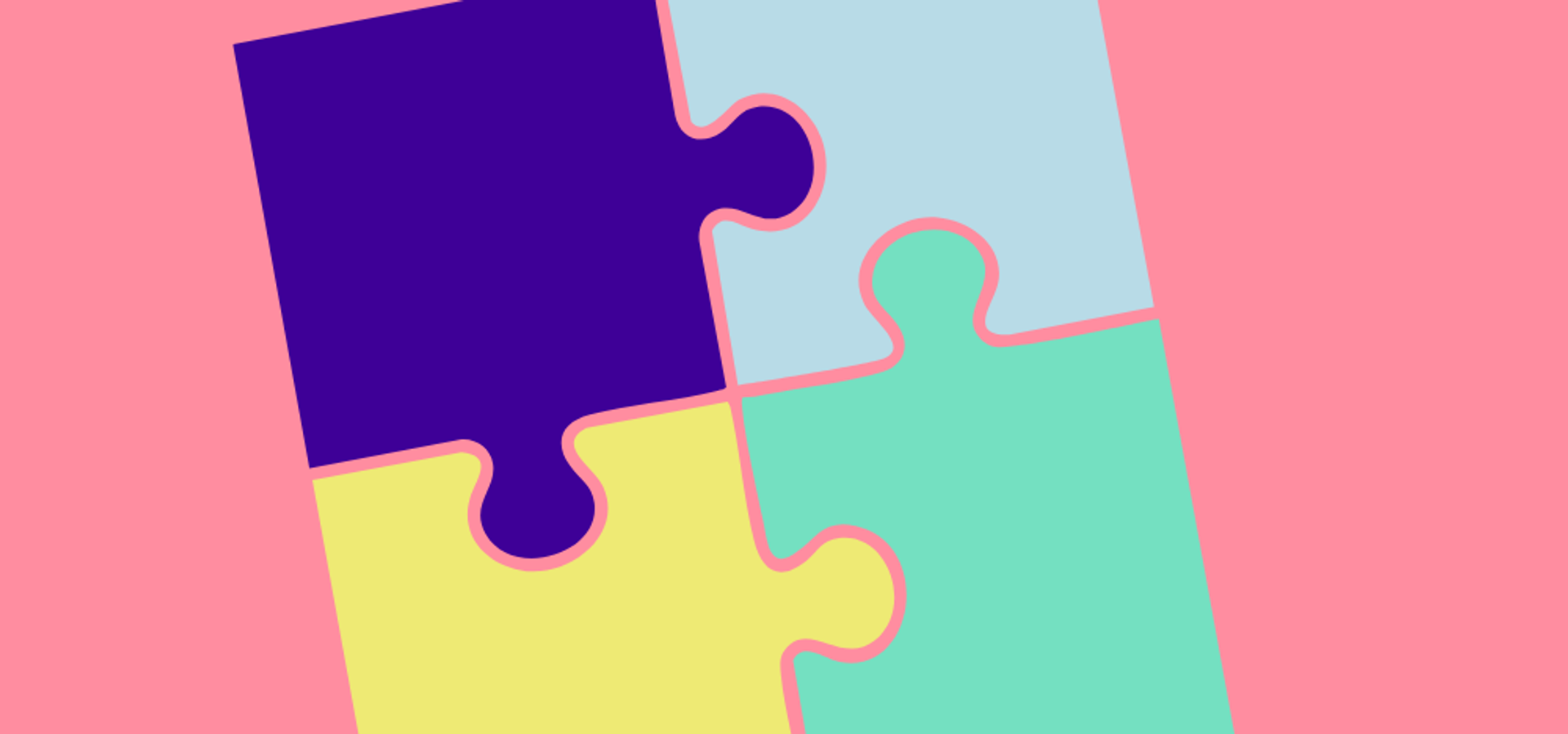 4 puzzle pieces in teal, navy, light blue and yellow on a pink background
